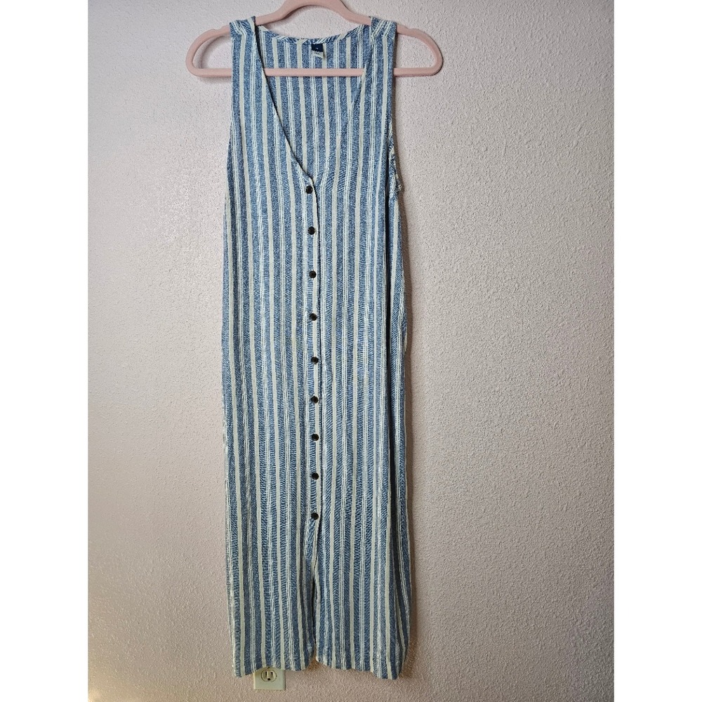Old Navy Blue White Striped Linen Blend Button Front Lace Up Back Midi Dress M